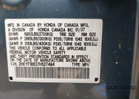 2007 Honda Pilot Ex-L z USA, uszkodzony, nr VIN 2HKYF18637H527494